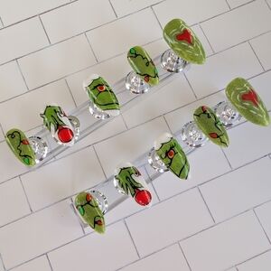 Handcrafted Grinch Christmas Press On Nails Medium Almond Handmade Holiday
